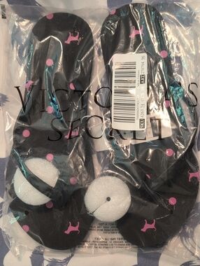 Victoria's Secret Black Flip Flops with Pink Dot & Dog Print Size 10